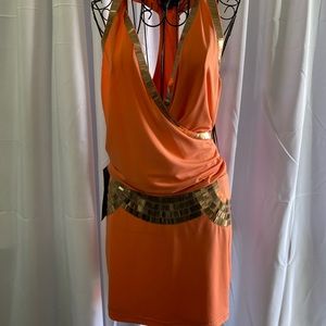 Bebe NEW coral mini dress with gorgeous gold embellishments